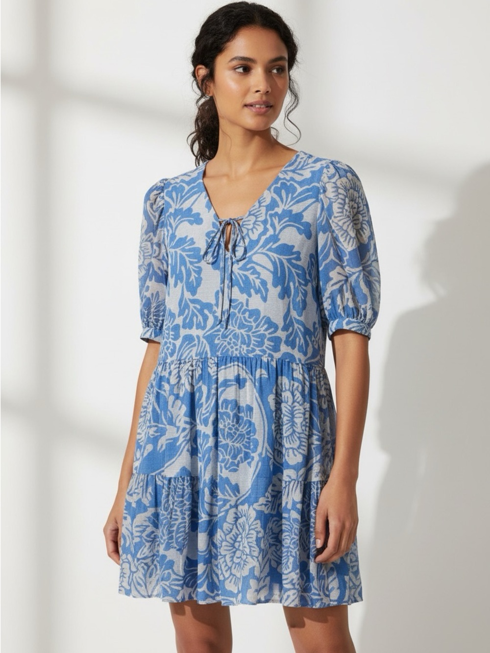 New MSK Blue and White Floral Tie-Front Puff Sleeve Dress size 1X